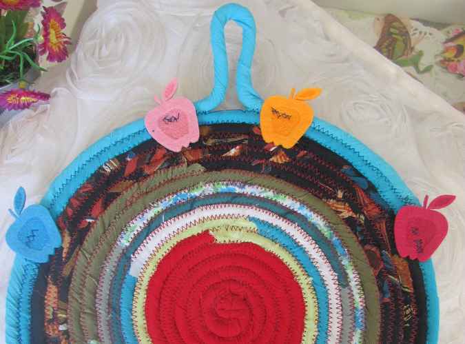 large image of art item: decor – potholder apples red black cyan