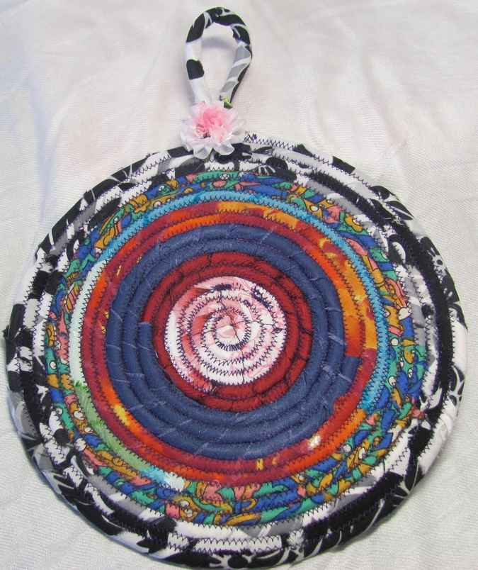 large image of art item: decor – potholder rose pink blue red orange checkered
