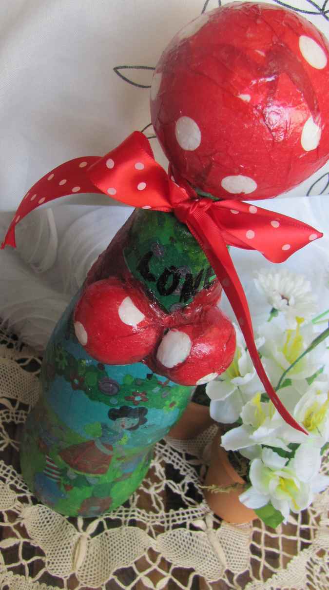 large image of art item: decor – flask green red white sphere mushroom