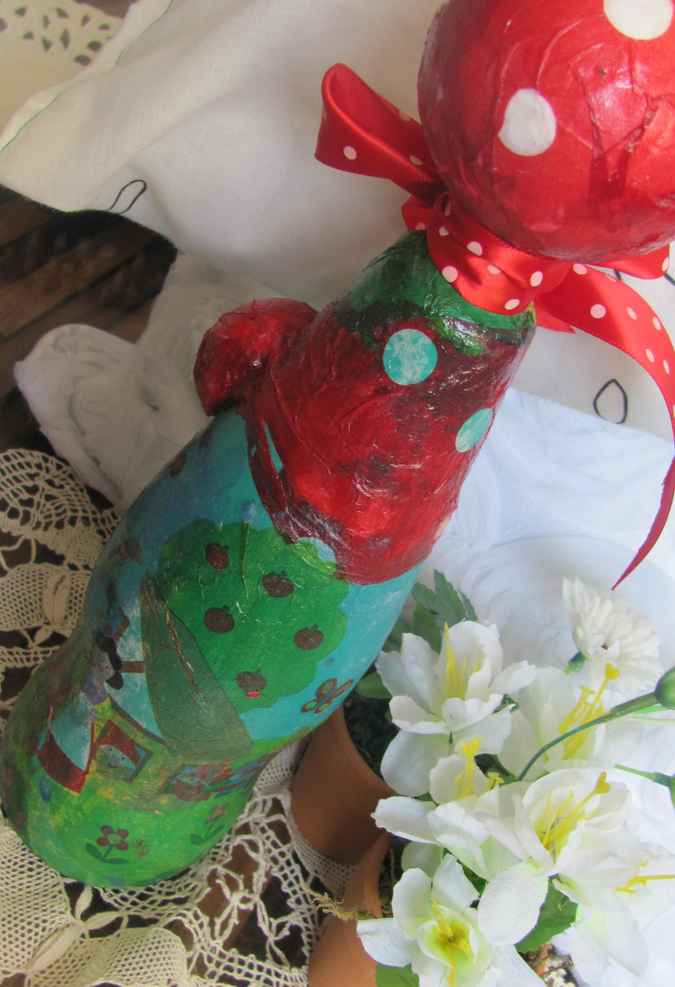large image of art item: decor – flask green red white sphere mushroom